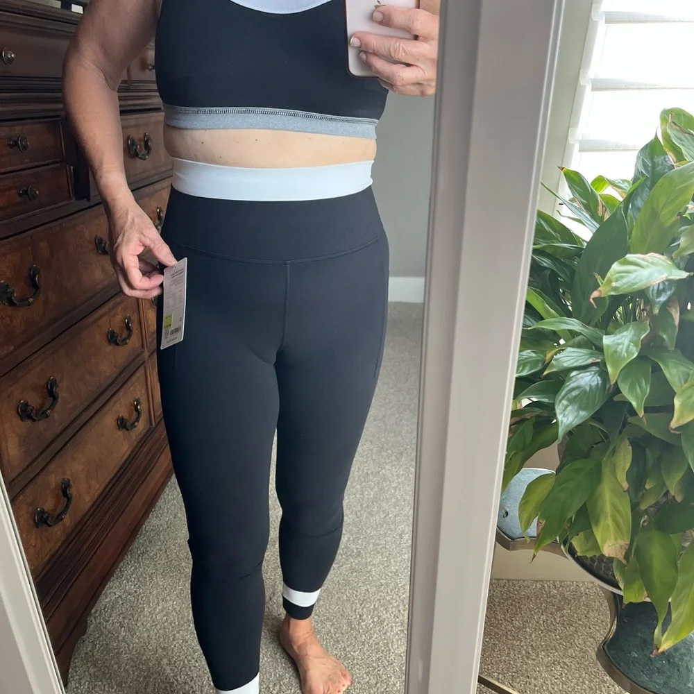 Athleta Black Leggings with White Waistband and Cuff Accents - Picture 2 of 6